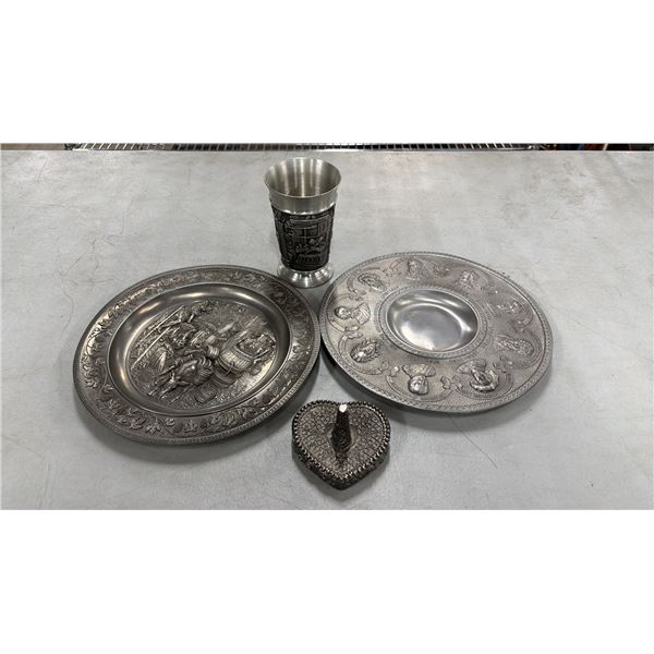 PEWTER GOBLET, METAL RING STAND & (2) PEWTER PLATES
