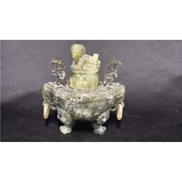 CHINESE CARVED JADE DRAGON INCENSE BURNER