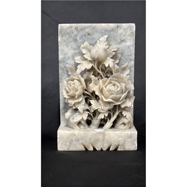 CHINESE CARVED STONE FLORAL PLAQUE: 7"T X 4.5"W X 2"D
