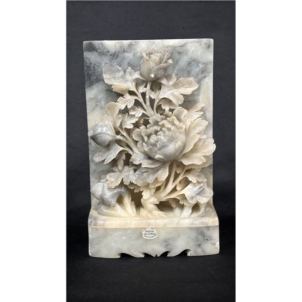 CHINESE CARVED STONE FLORAL PLAQUE: 7"T X 4.5"W X 2"D