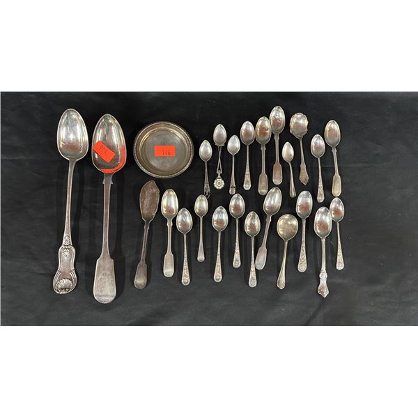 SMALL STERLING SILVER DISH & ASSORTED STERLING SILVER SPOONS
