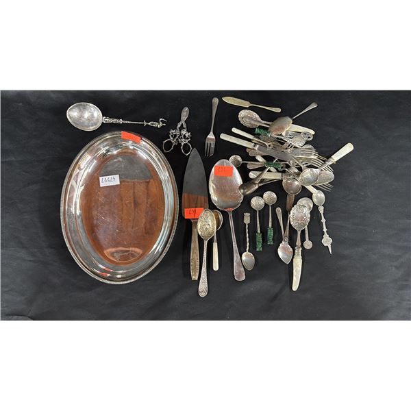11" X 8" SERVING TRAY & ASSORTED SPOONS & FORKS