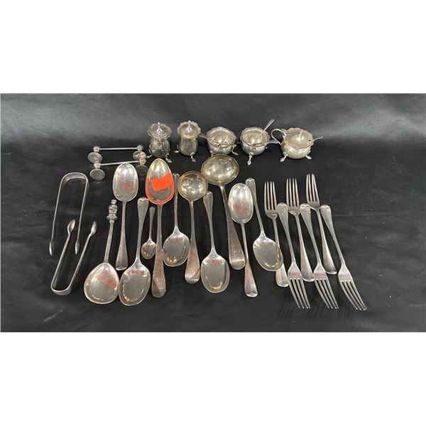 STERLING SILVER CUTLERY & STERLING SILVER MINI SALT & PEPPER SHAKERS & SUGAR BOWLS