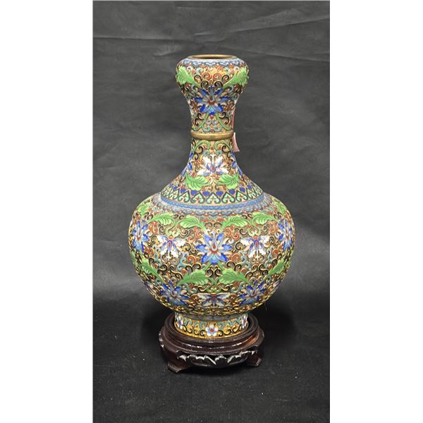 CHINESE CLOISONNE ENAMEL VASE WITH WOOD STAND