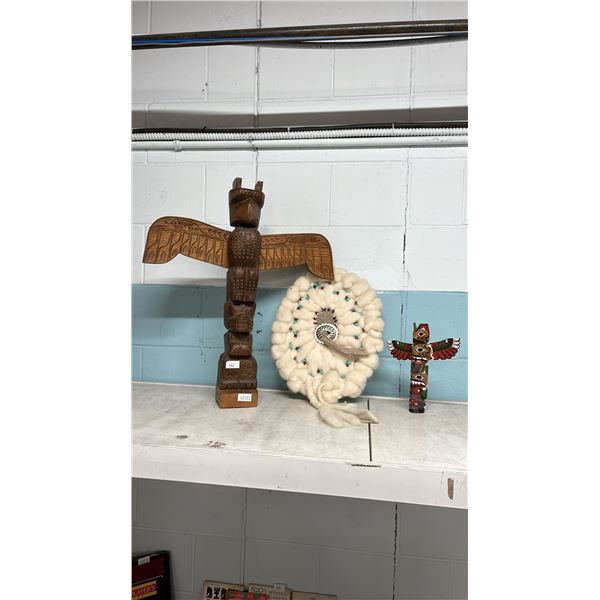 (3) ASSORTED FIRST NATIONS ITEMS INCLUDING; TOTEM POLE BY ANOLA JOHN, TOTEM POLE BY NANCY WILLIAMS