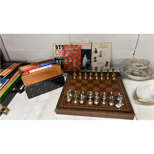 MADE IN ITALY CHESS/CHECKERS BOARD WITH SILVER PLATED BRASS PIECES, CHESS LITERATURE & DAL NEGRO