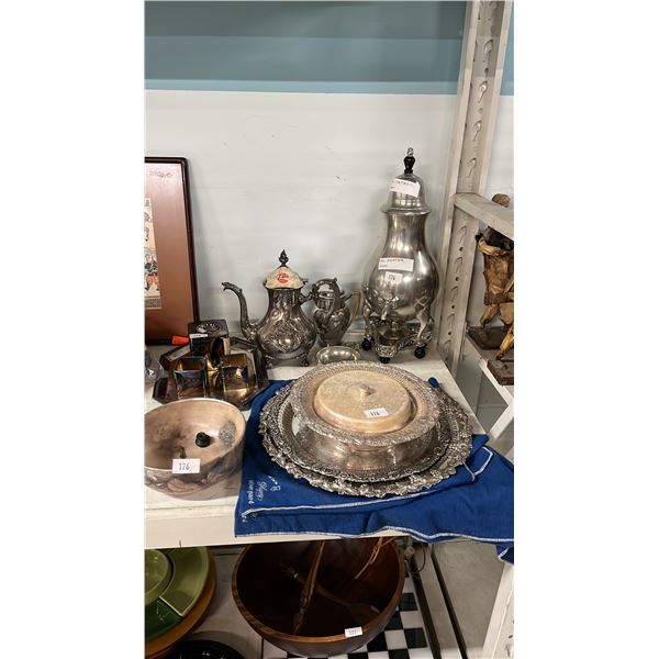 ASSORTED SILVER PLATED & PEWTER ITEMS INCLUDING; COFFEE CARAFE, SERVING DISHES, TEA SET & MORE