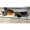 Image 1 : SHELF OF ASSORTED ITEMS INCLUDING; VINTAGE WOOD PICNIC BOX, HOME DECOR, LARGE SALAD BOWL & MORE