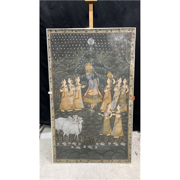 FRAMED ANTIQUE INDIAN PETCHVAI WITH BLACK GROUND AND SEPIA AND GREEN COLURINGS >130 YEARS OLD