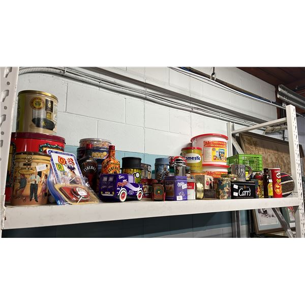 SHELF OF ASSORTED VINTAGE TINS, SNACK PACKAGING & MORE