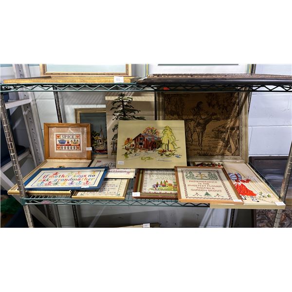 SHELF OF ASSORTED CROSS-STITCHING & TAPESTRY ARTWORK