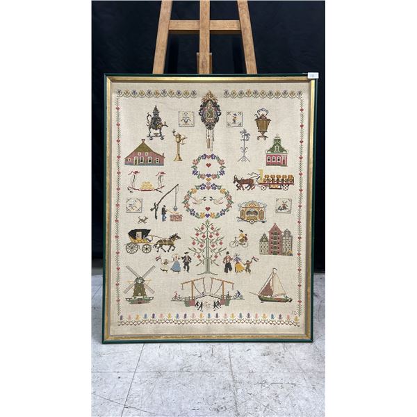 FRAMED VINTAGE DUTCH STYLE CROSS STITCH SAMPLER WITH DECORATIVE BORDER 29.5" X 37.5"