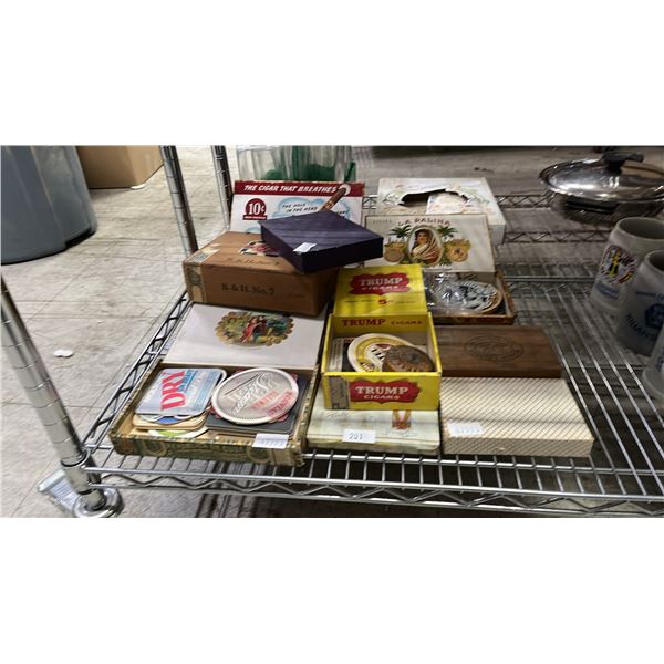 ASSORTED COLLECTIBLE COASTERS & CIGAR BOXES