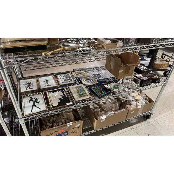 SHELF OF ASSORTED ITEMS INCLUDING; FRAMED ARTWORK, JEWELRY BOXES, COASTERS & MORE