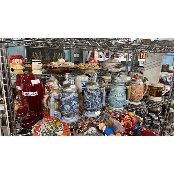 SHELF OF ASSORTED BEER STEINS & MOLSON CANADIAN BOOTS