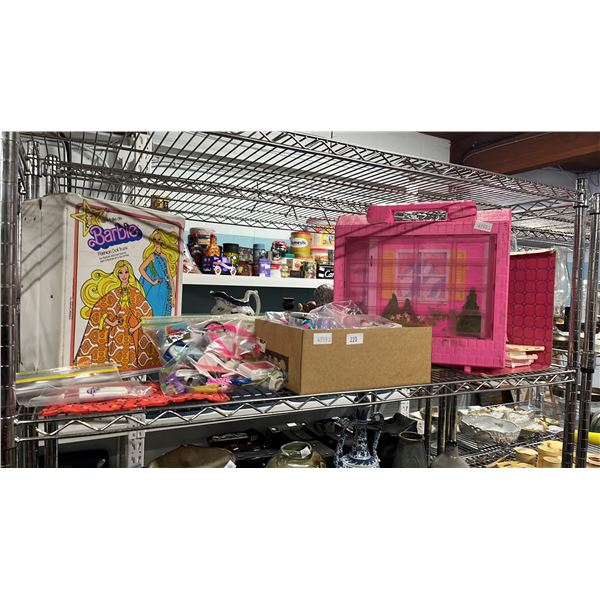 SHELF OF ASSORTED BARBIE DOLL ACCESSORIES & MCDONALDS BARBIE TOYS