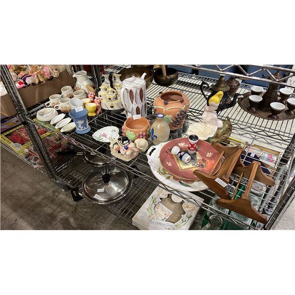 SHELF OF ASSORTED POTTERY & MORE