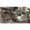 Image 2 : SHELF OF ASSORTED ITEMS INCLUDING; MILK GLASSES, VINTAGE PANS & CERAMIC SHORTBREAD PAN