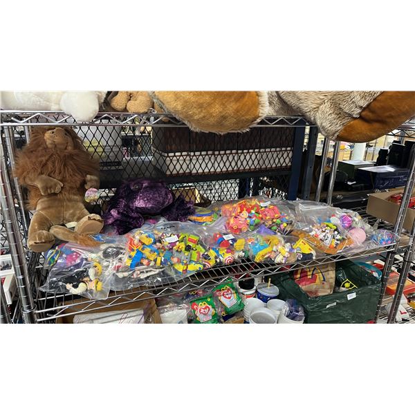 SHELF OF ASSORTED MCDONALDS TOYS, VINTAGE TOYS & STUFFED ANIMALS