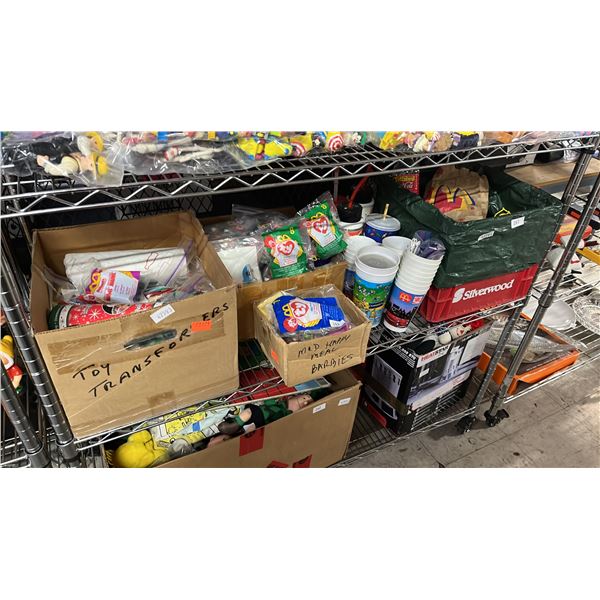 SHELF OF ASSORTED COLLECTIBLES INCLUDING; MCDONALDS TOYS, COCA-COLA, BLOCKBUSTER CUP & MORE