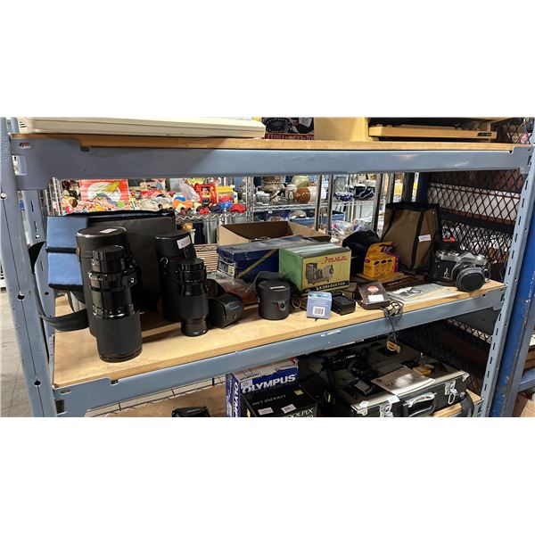 SHELF OF ASSORTED VINTAGE CAMERA EQUIPMENT INCLUDING; KONICA T-3 CAMERA, SOLIGOR 70-220MM LENS,