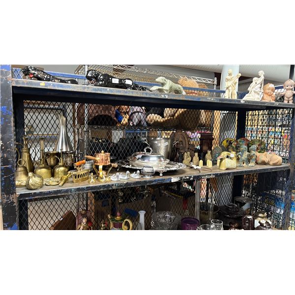 SHELF OF ASSORTED ITEMS INCLUDING; HOME DECOR, BRASS PAPER WEIGHTS. ICE BUCKET & MORE