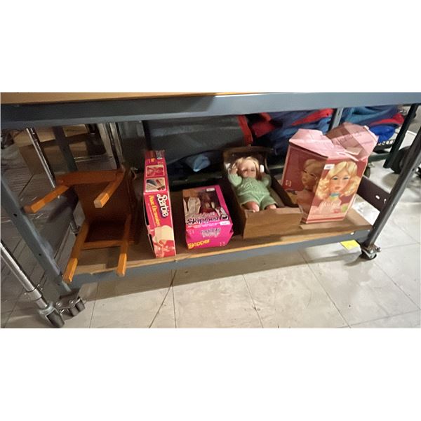 SHELF OF ASSORTED DOLLS & DOLL ACCESSORIES