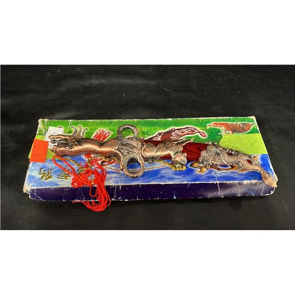 CAT & DRAGON MOTIF CEREMONIAL STAINLESS STEEL KNIFE WITH BOX
