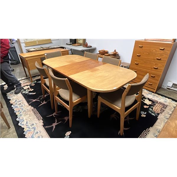 DANISH MODERN DINING TABLE WITH LEAF 77.5" X 38" X 28" & (6) SCANDINAVIA WOODWORKS CO. MADE IN