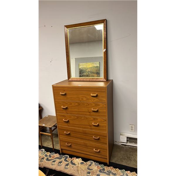 DANISH MODERN 5-DRAWER DRESSER 30" X 16" X 43.5" & DANISH MODERN FRAMED MIRROR 23.5" X 30.5"