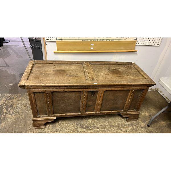 VINTAGE WOOD STORAGE CHEST 58" X 23" X 25.5" (NO KEY)
