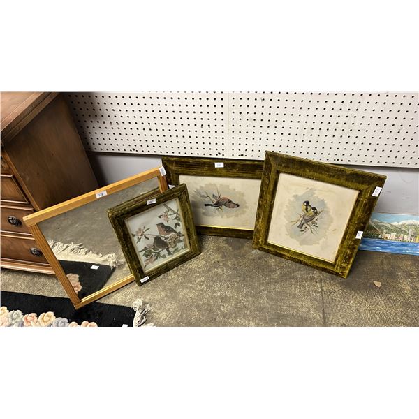 (3) FRAMED WATERCOLOUR BIRD PRINTS & FRAMED MIRROR