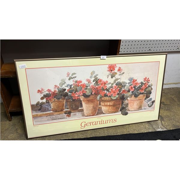 FRAMED PRINT BY DONNA DARTUM TITLED "GERANIUMS" 38" X 20"