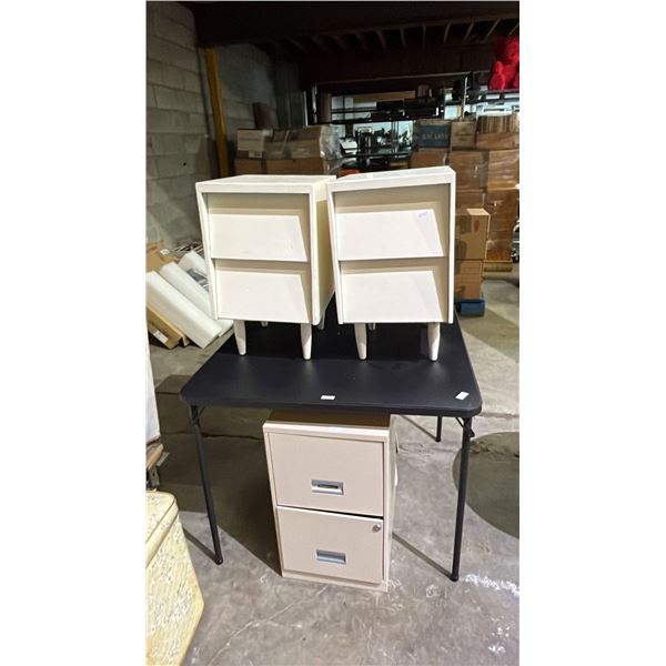 FOLDING TABLE, (2) NIGHT STANDS & 2-DRAWER METAL FILE CABINET