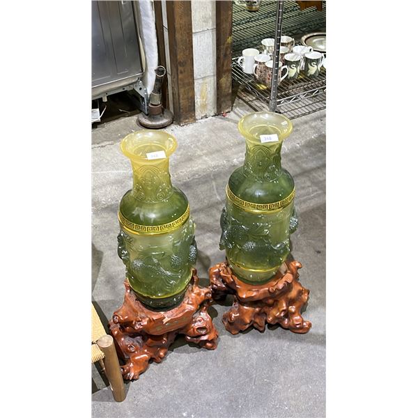 PAIR OF KOU MOTIF VASES WITH LIVE EDGE STYLE STANDS