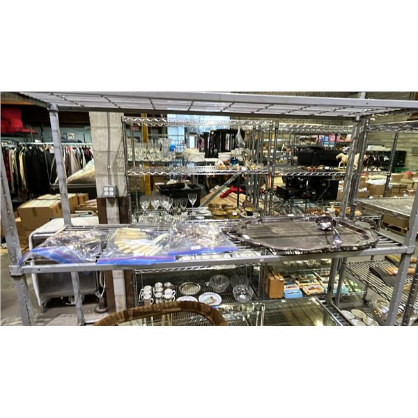 SHELF OF ASSORTED FLATWARE & LARGE SILVER PLATED SERVING DISH