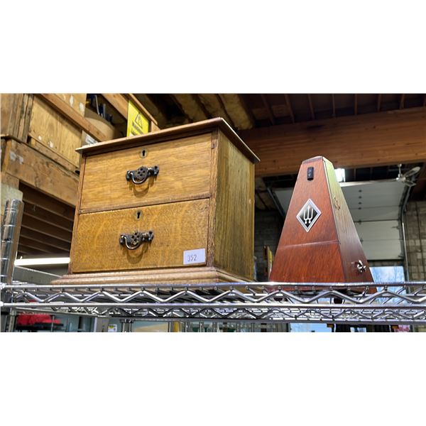 SMALL 2-DRAWER CABINET WITH ASSORTED DRIFTWOOD, COASTERS & STAMPS CONTENTS & WITTNER 803M METRONOME