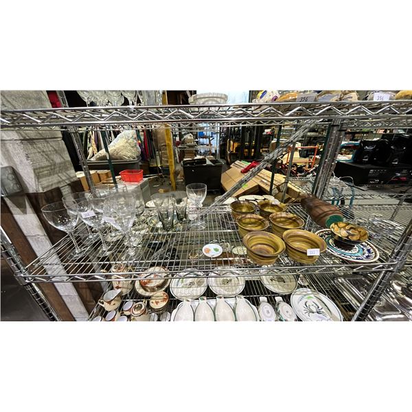 SHELF OF ASSORTED GLASSWARE & POTTERY