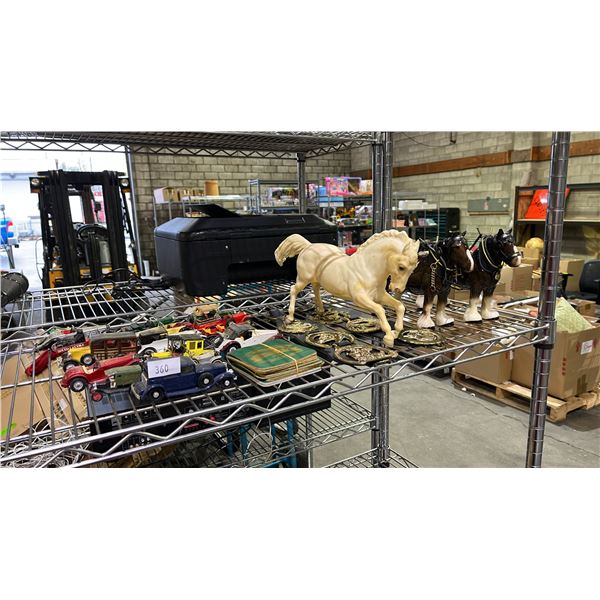 ASSORTED COLLECTIBLES INCLUDING; MELBA WARE HORSES, CAST IRON TOY CARS, COASTERS & MORE