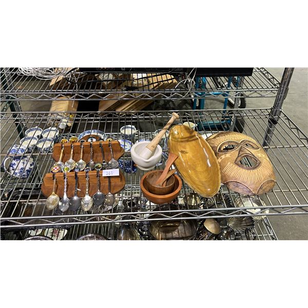 ASSORTED COLLECTIBLE SPOONS WITH DISPLAY RACK, MORTAR & PESTLES, MASK & BOWL