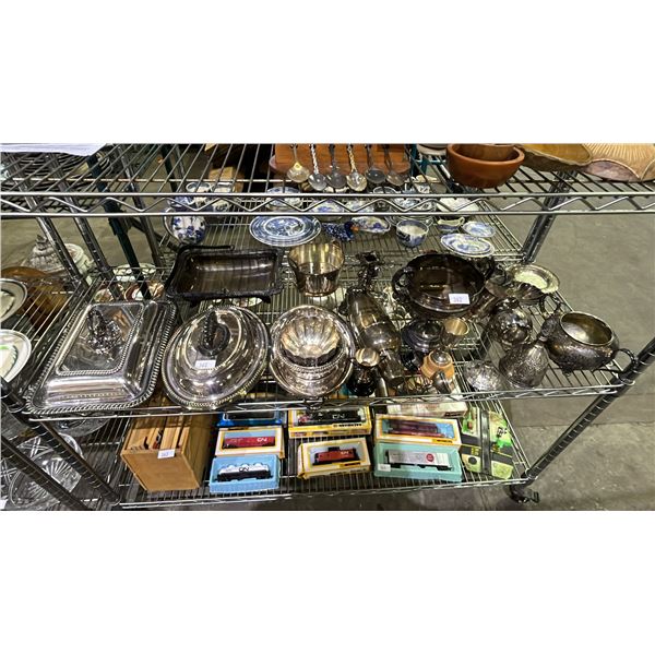 SHELF OF ASSORTED DINNERWARE; MOSTLY SILVER PLATED