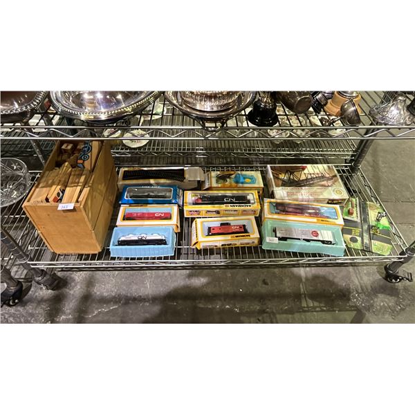 SHELF OF ASSORTED TOYS INCLUDING; TRAINS, KIDS PUZZLE