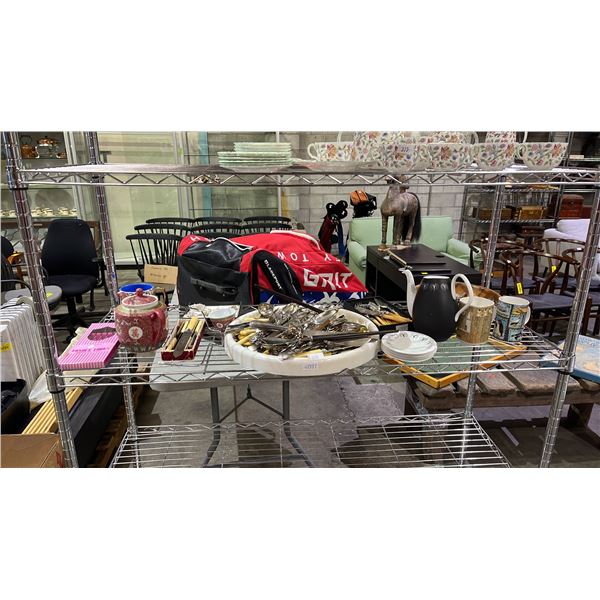 SHELF OF ASSORTED ITEMS INCLUDING; FLATWARE, TEAPOT, MUGS & MORE