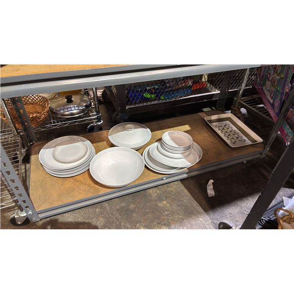 SHELF OF ASSORTED DINNERWARE
