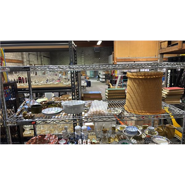 SHELF OF ASSORTED ITEMS INCLUDING; DINNERWARE & HOME DECOR