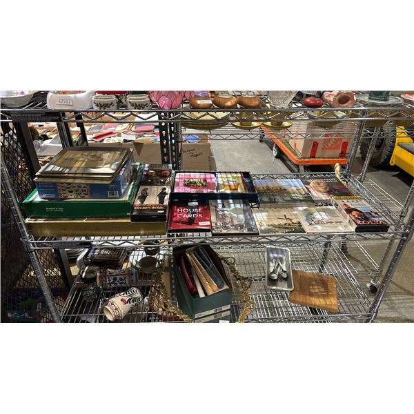 SHELF OF ASSORTED BOOKS, MOVIES, PUZZLES & ARTWORK