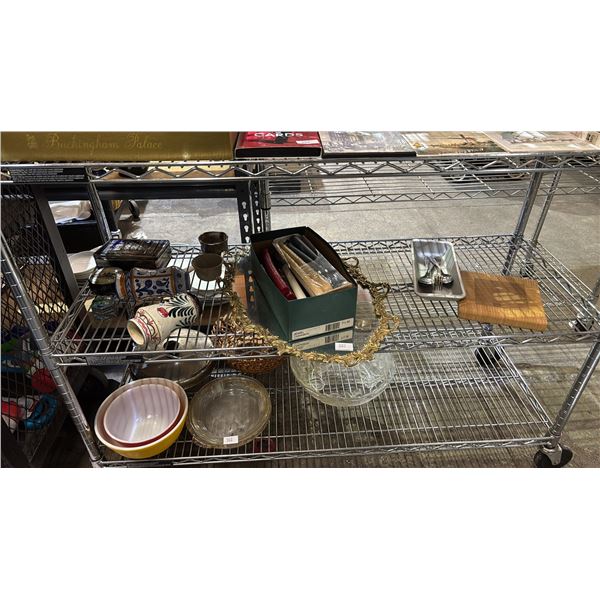 SHELF OF ASSORTED ITEMS INCLUDING; FRAMED MIRROR, VASES, FLATWARE & MORE