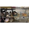 Image 1 : SHELF OF ASSORTED ITEMS INCLUDING; FRAMED MIRROR, VASES, FLATWARE & MORE