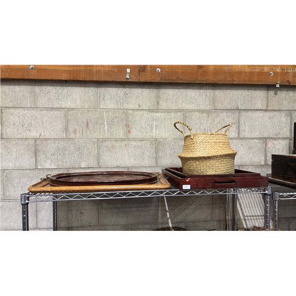 SHELF OF ASSORTED SERVING TRAYS & WOVEN BASKET