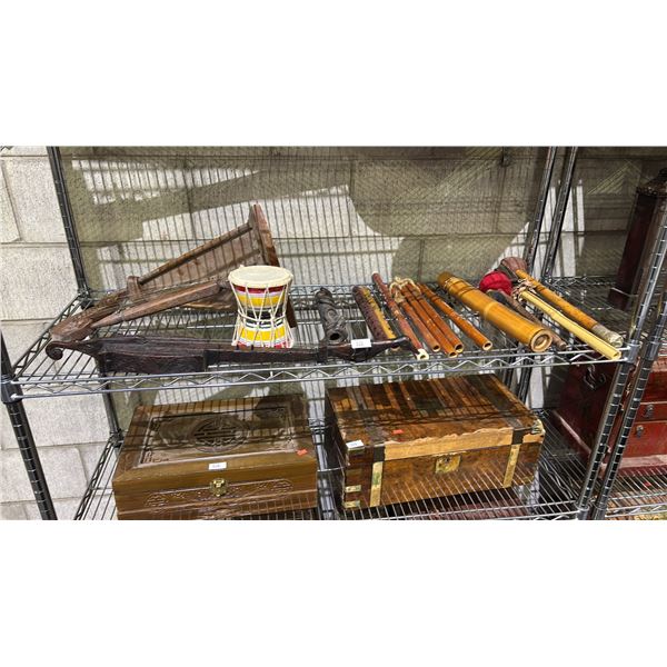 SHELF OF ASSORTED VINTAGE CHINESE INSTRUMENTS